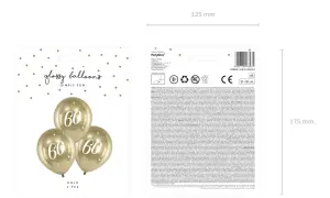 Złote balony z cyfrą 60 na opakowaniu. Idealny zestaw dekoracji na 60 urodziny, który doda blasku każdej imprezie.