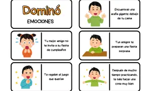 Juego de las emociones para imprimir. Dominó con ilustraciones de niños expresando sorpresa, miedo, alegría y decepción ante diversas situaciones.