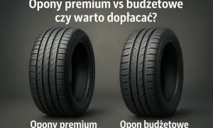Dwie opony samochodowe: jedna premium, druga budżetowa, na ciemnym tle.