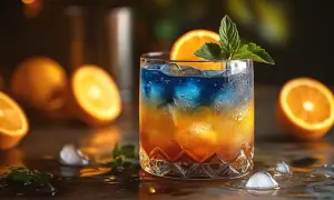 Niebieski alkohol w szklance, z pomarańczą i miętą, otoczony kostkami lodu i połówkami pomarańczy.