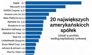 Wykres słupkowy przedstawia 20 największych amerykańskich spółek według kapitalizacji rynkowej, z Apple na czele. To przegląd pko akcji rynku amerykańskiego.