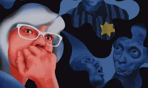 Portret kobiety z okularami, obok niej twarze w niebieskich odcieniach, jedna z gwiazdą Dawida. Obraz oddaje cechy reportażu, ukazując fragmenty historii.