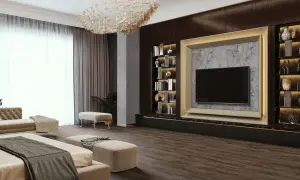 Elegancja i luksus w sypialni glamour inspiracje: złota rama TV, marmur, ciemne drewno, designerska lampa i wygodne meble.