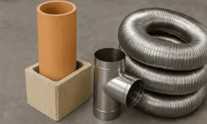Elementy do budowy kominów żaroodpornych: ceramiczna rura, stalowy trójnik i zwinięte wkłady kominowe.