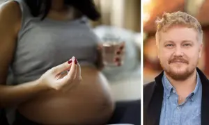 Gravid kvinna med tablett och glas vatten. Till höger en man. Frågor om paracetamol gravid?