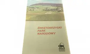 Okładka przewodnika po Świętokrzyskim Parku Narodowym z malowniczym krajobrazem i logo ochrony przyrody.