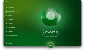 Interfejs programu do czyszczenia komputera. Opcja "Czyszczenie" jest podświetlona, sugerując usuwanie zbędnych plików, w tym pamięci podręcznej aplikacji.