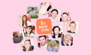 Gesichter von Menschen, die für die tomorrow bank arbeiten, lächeln in kleinen, abgerundeten Fotos.