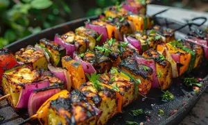 Brochettes de légumes grillés, un accompagnement barbecue parfait avec des morceaux de paneer, poivrons, oignons rouges et courgettes.