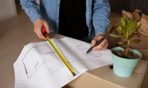 Persona disegna una piantina, usando un metro per capire come calcolare superficie calpestabile.
