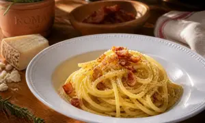 Un plat de pâtes carbonara crémeuses, garni de lardons croustillants et de parmesan râpé, avec un pot "Roma Italia" en arrière-plan.
