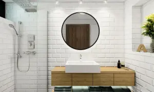 Baño moderno con ducha abierta y lavabo sobre mueble de madera. Explora alternativas a las mamparas de baño para un diseño minimalista.