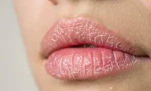 Suche usta mimo nawilżania, z widocznymi pęknięciami i suchą skórką.
