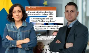 Kvinna och man med armarna i kors framför tidningsurklipp om våld i skolan. De representerar en inre resurs för att hantera utmaningar.