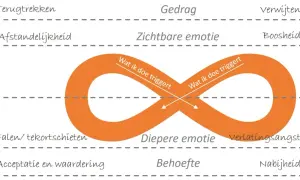 Schema toont de cyclus van emotionele behoeften van een man: terugtrekken, afstandelijkheid, falen, behoefte, nabijheid, acceptatie.