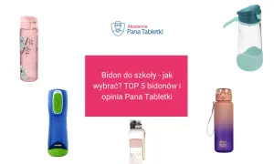 Pięć bidonów do szkoły: różowy z misiami, niebieski Contigo, przezroczysty z zielonym, przezroczysty z różową wstążką i gradientowy.
