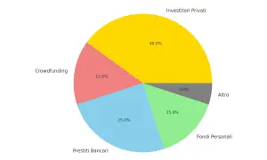 Grafico a torta che illustra la distribuzione delle fonti di finanziamento per un business plan per startup: 40% investitori privati, 25% prestiti bancari, 15% crowdfunding, 15% fondi personali, 5% altro.