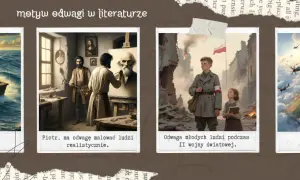Cztery obrazy ilustrujące motyw odwagi: rybak walczący z marlinem, malarz tworzący realistyczny portret, dzieci w zniszczonym mieście podczas wojny i pilot w powietrznej bitwie. Heroizm co to? To właśnie takie postawy.