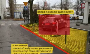 Czerwony obszar zaznacza pojazd nielegalnie zaparkowany na skrzyżowaniu, blokując przestrzeń wyłączoną z parkowania.