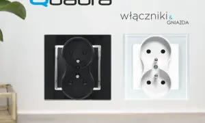 Dwa gniazda elektryczne: czarne na czarnej ramce i białe na białej ramce. Eleganckie czarne włączniki i gniazda Quadra.