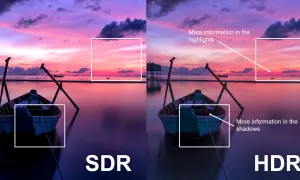 Porównanie SDR i HDR: łódź na tle zachodu słońca w rozdzielczości 4k. HDR ukazuje więcej detali w cieniach i jasnych partiach.