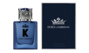 Elegancki flakon perfum Dolce & Gabbana K EDP z koroną na nakrętce i pudełko w granatowym kolorze.