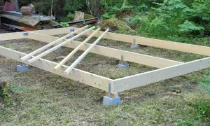 Grundläggande stomme för att bygga hus på plintar. Träbjälkar vilar på betongblock i en skogsmiljö.