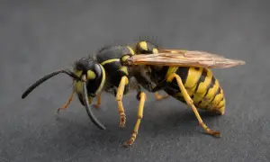 En närbild av en bålgeting med sina karakteristiska gula och svarta ränder. Den sitter på en mörk yta, redo att flyga iväg från sitt bålgeting bo.