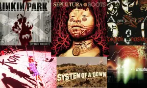Kolaż okładek płyt Linkin Park, Sepultury, Amenrii, Korn, System of a Down i Incubus – klasyki nu metalu.