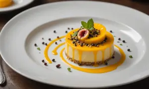 Gâteau crémeux nappé d'un coulis fruit de la passion, décoré d'une figue et de grains de chocolat.