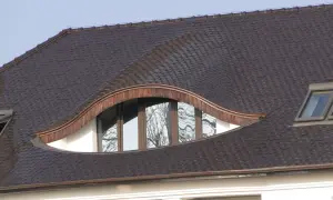 Wyjątkowe wole oko dachowe, przypominające oko sowy, z brązową dachówką i drewnianą oprawą.