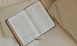 Otwarta Biblia, na której jest modlitwa ze słowem Bożym. Tekst w języku portugalskim, rozdział "João".