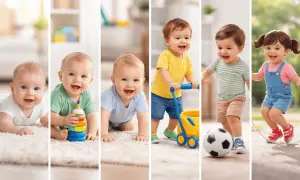 Bebés gateando, jugando con un carrito y un balón, y saltando la cuerda, mostrando el desarrollo motor.