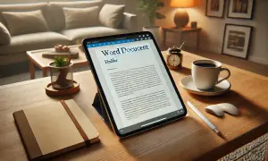 Tablet z dokumentem Word, notatnik, kawa i myszka na drewnianym biurku.
