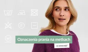 Kobieta w fioletowym swetrze z metkami z oznaczeniami prania. Pika materiał.