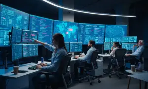 Zespół monitoruje systemy, analizując dane na wielkich ekranach. Kobieta wskazuje na zagrożenie, zastanawiając się, soc co to jest.