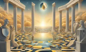Surrealny topos: antyczne kolumny, falujące geometryczne wzory, niebo z księżycem i złotą łzą.