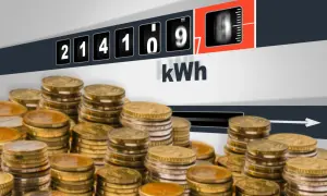 Licznik energii pokazuje 214169 kWh. Stosy monet sugerują, że rachunki za prąd, np. w taryfie G11 Tauron, mogą być wysokie.