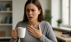 Kobieta z kubkiem w dłoni czuje niepokój, jakby wypiła 500 mg kofeiny.