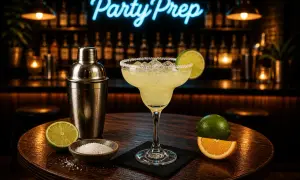 En perfekt förberedd spicy margarita med lime och salt på ett runt träbord. En shaker och mer lime finns bredvid.