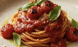 Un invitante piatto di spaghetti al pomodoro fresco, condito con pomodorini arrostiti e basilico profumato.
