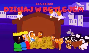 Dziś w Betlejem, golec uorkiestra śpiewa o narodzinach. W żłóbku Maryja z Jezusem, Trzej Królowie, zwierzęta i aniołki.