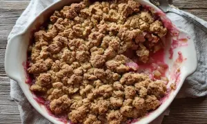 En härlig sockerfri rabarberpaj med krispigt täcke i en vit form. Perfekt för en hälsosam fika.