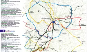 Mapa szlaków rowerowych i pieszych Wielkopolski, z zaznaczonymi trasami wokół Ostrzeszowa.