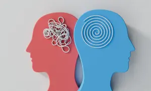 Zwei Kopfprofile: Rot mit chaotischem Garn, Blau mit Spirale. Ein Bild, um mental health verbessern.