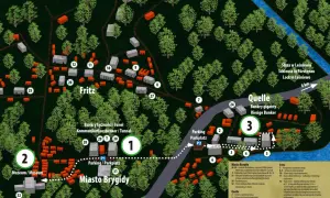 Mapa kompleksu mamerki bunkry. Znajdują się tu muzeum, parking, schrony i gigantyczne bunkry.