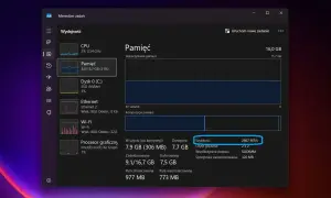 Menedżer zadań pokazuje, jak sprawdzić taktowanie ramu: 2667 MT/s. Widzimy też użycie pamięci i jej skład.