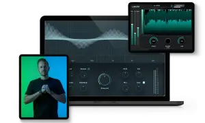 Man with hands clasped, surrounded by digital audio workstations and plugins, showcasing the best vocal plugins for music production.