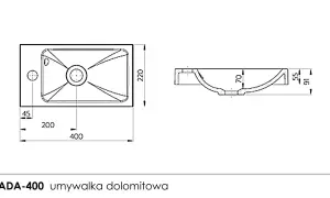 Rysunek techniczny przedstawia wąska umywalka ADA-400 o wymiarach 400x220 mm, z zaznaczonymi głębokościami i szerokościami.