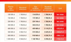 Tabela z waloryzacją emerytur: stan środków, wysokość emerytury, zysk.